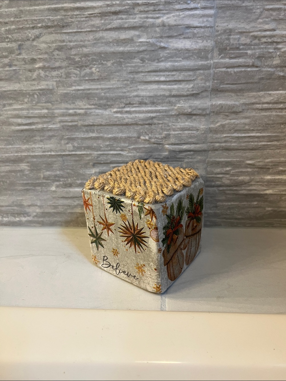 Decorative Holiday Wood Cube with Rope Top - Neutral
